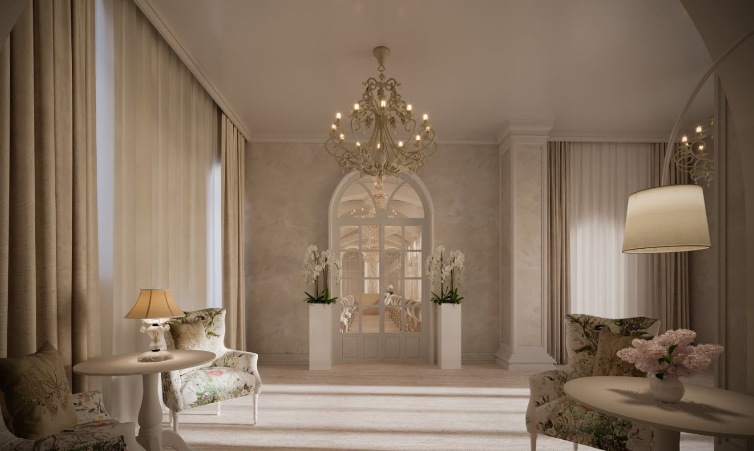 Elegant interior room with chandelier and flowing curtains